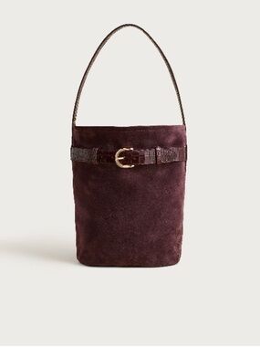 J. Crew Berkeley belted bucket bag suede & croc-embossed leather chocolate berry